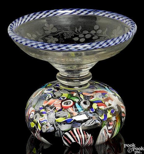 Antique paperweight spill vase with an etched bowl and scrambled millefiori base, 2 7/8'' h.
