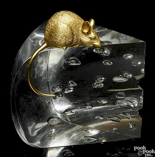 Steuben crystal Swiss cheese paperweight with an 18K yellow gold mouse, signed on base, 3 3/4'' h.