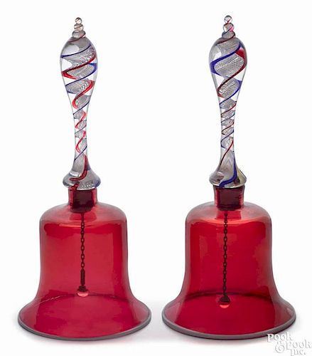 Pair of Victorian ruby glass bells with air twist handles, 10 1/2'' h.
