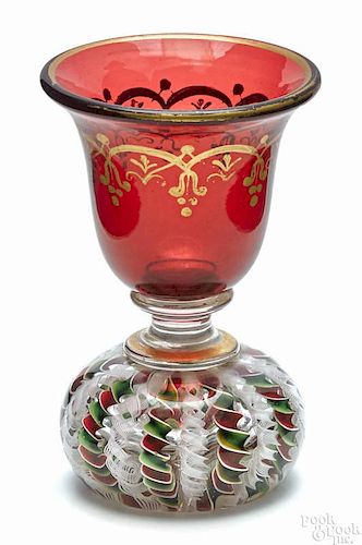 Antique paperweight spill vase with a ruby flash bowl and torsade base, 3 5/8'' h.