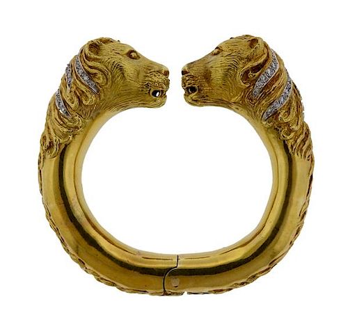 Massive 18K Gold Diamond Lion Head Cuff Bracelet