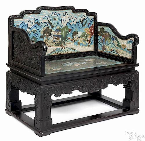 Chinese Zitan and cloisonné throne chair, late Qing dynasty, with an elaborately carved prunus