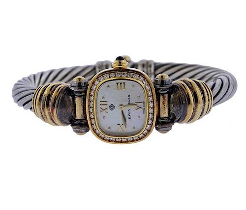 David Yurman 18K Gold Silver Diamond Cable Watch