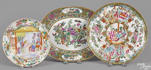 Chinese export porcelain famille rose platter, 19th c., 9'' x 11 1/2'', together with two plates