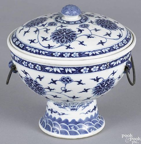 Chinese late Qing dynasty blue and white porcelain warming dish and cover, 7 1/2'' h.