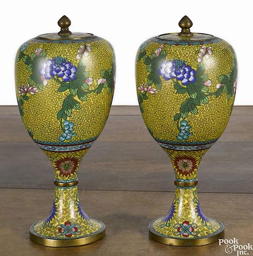 Pair of Chinese cloisonné covered urns, ca. 1900, 11'' h.