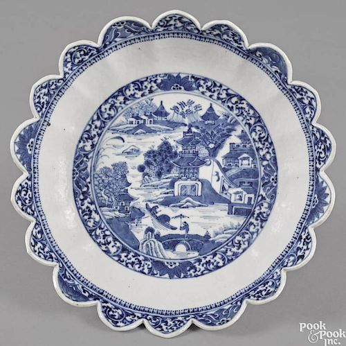Chinese export porcelain blue and white Nanking scalloped edge bowl, 19th c., 2 7/8'' h., 10'' dia.