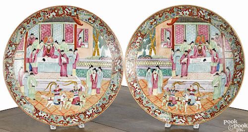 Pair of Chinese export rose canton chargers, probably Republic period