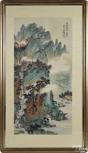 Chinese watercolor landscape, bearing the signature of Madame Chiang Kai-Shek, 54'' x 27''.