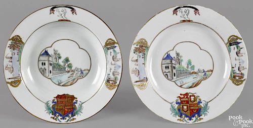 Chinese export porcelain armorial plate and shallow bowl, 18th c.
