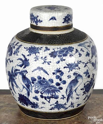 Chinese Qing dynasty crackle glaze urn and cover, 12 1/4'' h.