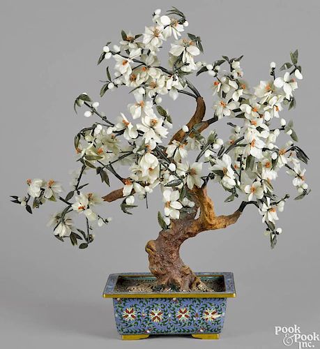 Large Chinese cloisonné and carved hardstone potted tree, 27 1/2'' h.