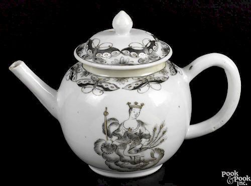 Chinese export porcelain teapot, ca. 1740, painted in grisaille, depicting Juno and the peacock