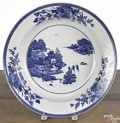 Chinese export blue and white basin, 18th c., with a river landscape, 3 1/2'' h., 15 1/2'' dia.
