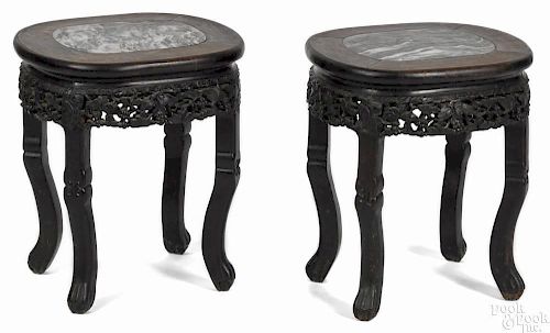Pair of Chinese carved hardwood marble top stands, ca. 1900, 18'' h., 16'' w.