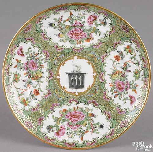 Chinese export porcelain rose medallion armorial plate, 19th c., bearing the Gibbs arms