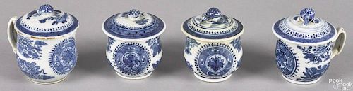 Four Chinese export porcelain blue Fitzhugh pot de crèmes, 19th c.