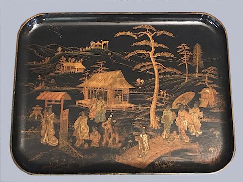 19THC. CHINOISERIE DECORATED PAPIER MACHE TRAY