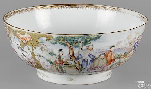 Chinese export porcelain punch bowl, late 18th c., the interior with a European frigate