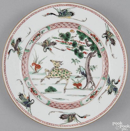 Chinese famille verte porcelain plate, mid 18th c., with deer, 8 5/8'' dia.