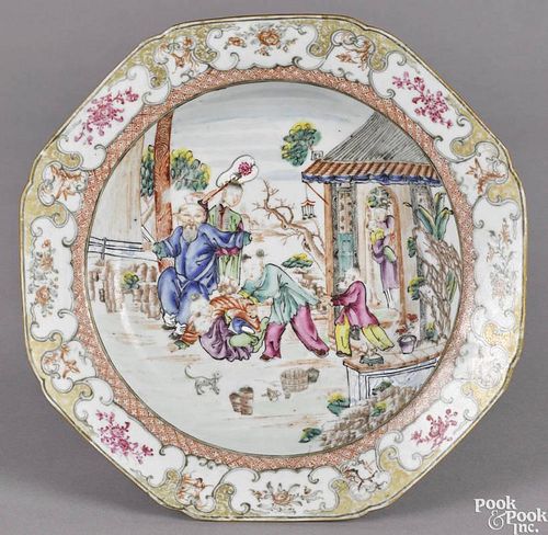 Chinese export porcelain shallow bowl, 18th c., with figures frolicking in a courtyard, 8 3/4'' dia.