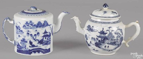 Two Chinese export blue and white porcelain teapots, 5'' h. and 5 1/4'' h.