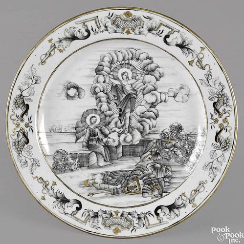 Chinese export porcelain grisaille Ascension plate, ca. 1750, 8 3/4'' dia.