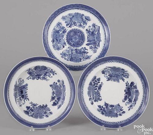 Pair of Chinese export porcelain blue Fitzhugh shallow bowls, 19th c., together with a plate