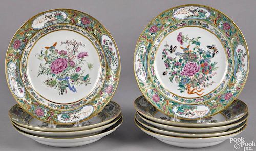 Set of nine Chinese export porcelain famille rose soup bowls, 19th c., 9 3/4'' dia.