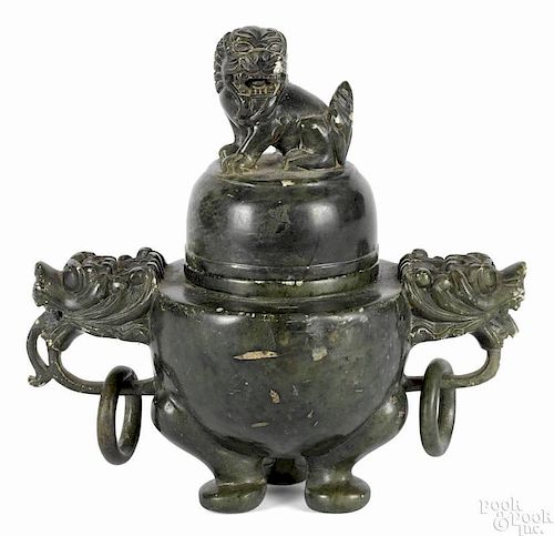 Chinese carved jade censer with a foo dog finial and gargoyle mask handles, 6'' h.