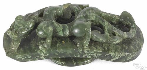 Chinese carved spinach jade hook, 2 7/8'' l.
