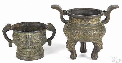 Two Chinese archaistic bronze censers, 9 1/4'' x 11 1/2'' and 6'' x 9 3/4''.