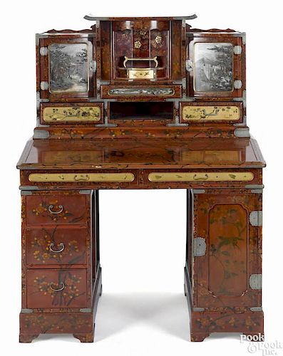 Japanese lacquer desk, late 19th c., the upper section with painted landscape door panels