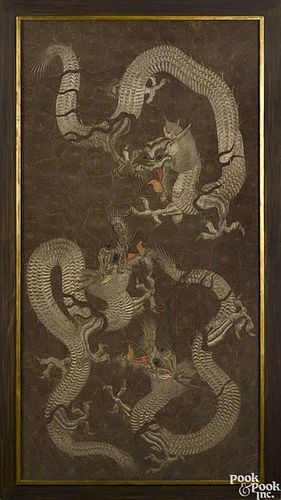 Large Chinese metallic thread embroidery of dragons, 75'' x 39''.