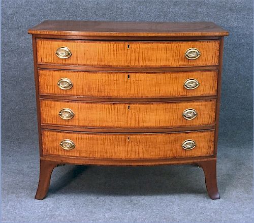 TIGER MAPLE & MAHOGANY BOW FRONT CHEST ON TALL