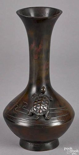 Japanese bronze vase with an applied turtle, Meiji period, 9 1/2'' h.