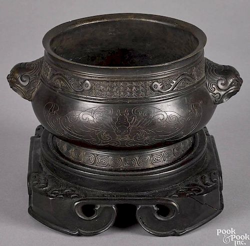 Chinese bronze censer with engraved decoration, 3 1/2'' h., 7 1/4'' w.