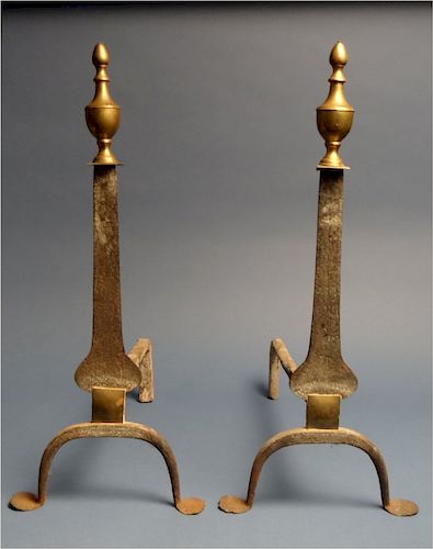 PR OF HAND WROUGHT KNIFE BLADE ANDIRONS W/ URN