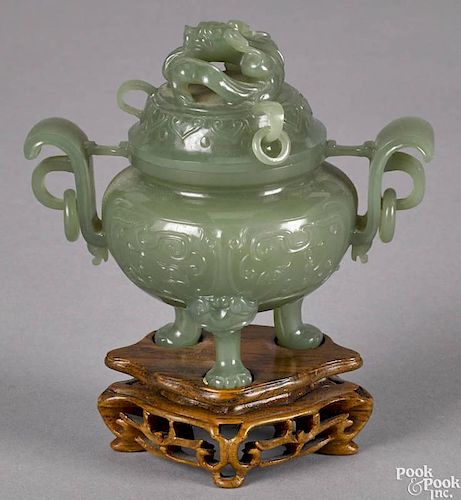 Chinese carved green jade censer with a foo lion finial, 3 1/2'' h.