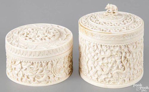 Two Chinese carved ivory dresser boxes, ca. 1900, 2 1/2'' h. and 4'' h.