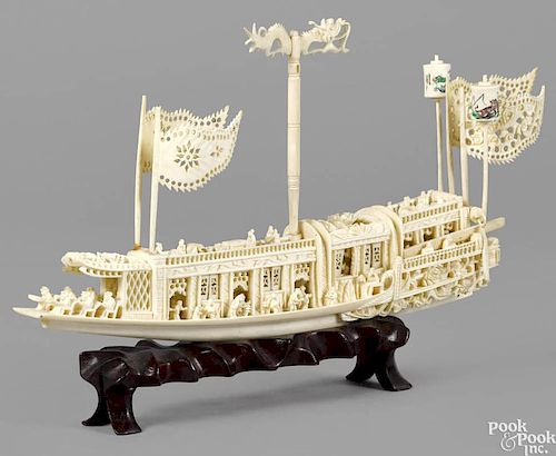 Chinese carved ivory boat, ca. 1900, 13 1/2'' l.