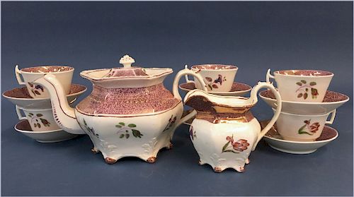 1830'S PINK LUSTRE TEA POT, CREAM POT, 6 CUPS &