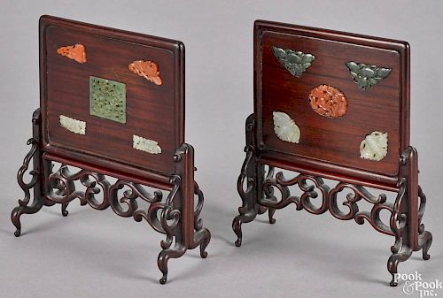 Pair of Chinese rosewood table screens, ca. 1900, with jade and hardstone appliqués, 8'' h.