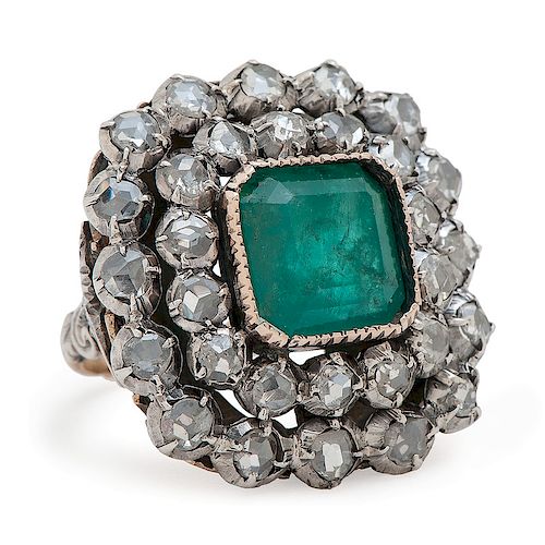 18 Karat Gold and Silver Victorian Emerald and Diamond Ring
