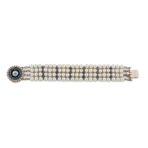 14 Karat White Gold Pearl and Sapphire Bracelet