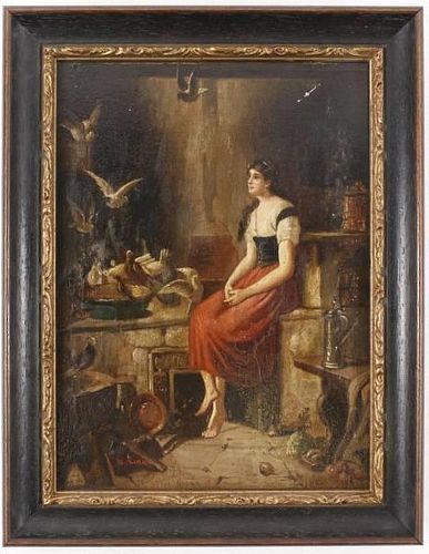 "Cinder Girl by the Hearth", Signed Oil, 19th/20th