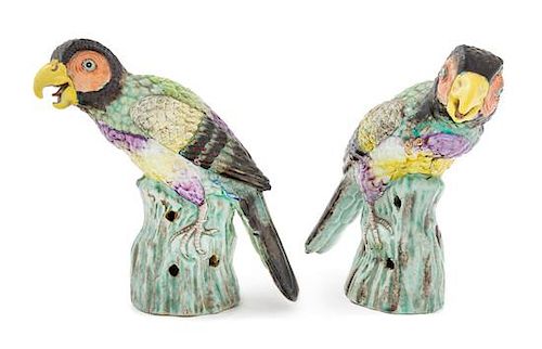 * A Pair of Chinese Export Polychrome Enameled Porcelain Figures of Parrots Height 7 inches.