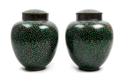 * A Pair of Chinese Cloisonne Enamel Ginger Jars Height 8 1/4 inches.