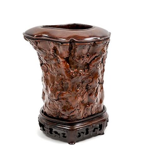 * A Chinese Hardwood Brushpot, Bitong Height 5 7/8 inches.