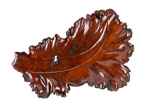 * A Large Chinese Zitan Leaf-Form Tray Length 21 3/4 inches.